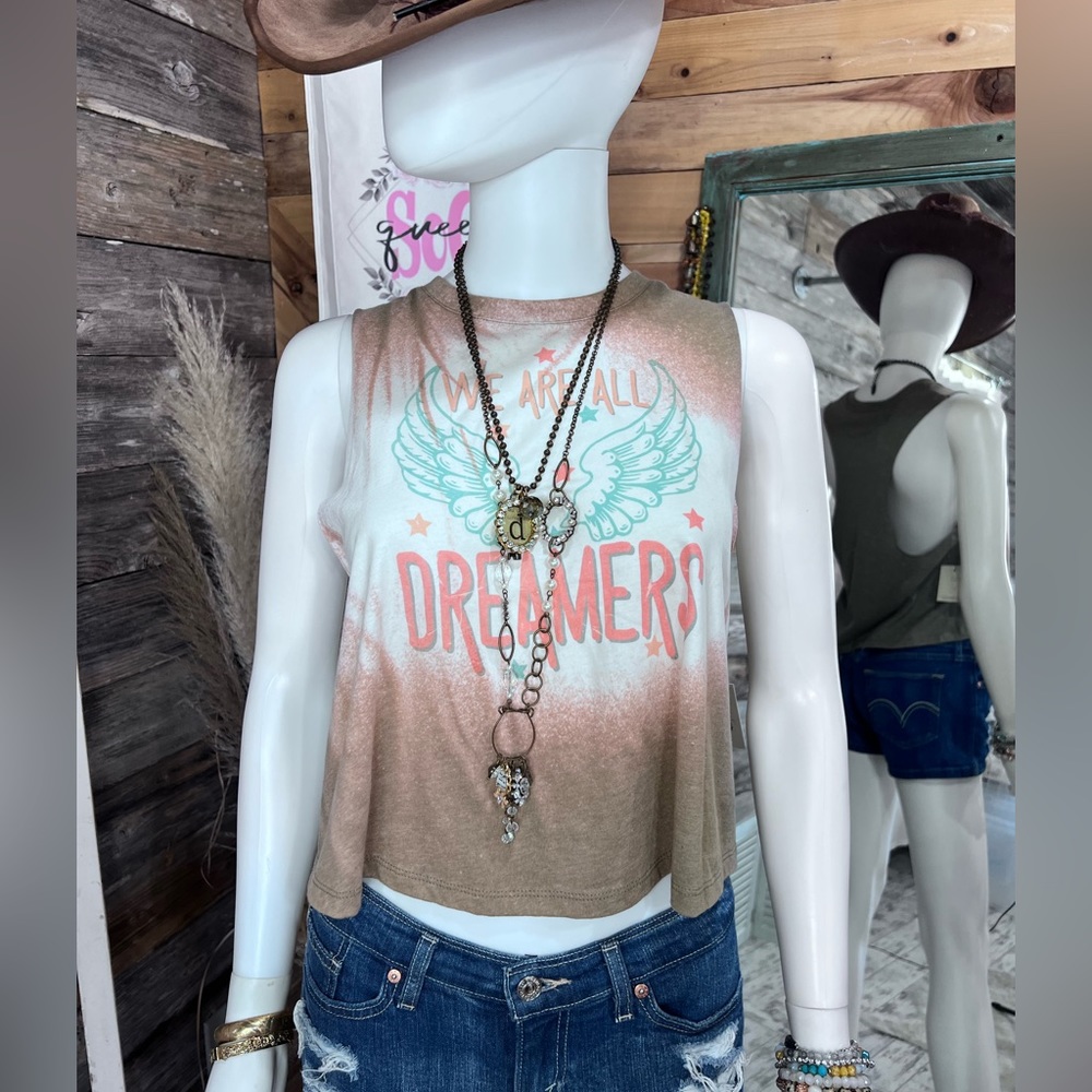 “We Are All Dreamers” Bleach Tie Dyed Sublimation Cropped Muscle Tank Top 💗